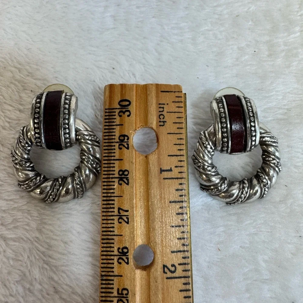 Vintage‎ Brighton Silver-toned Burgundy Inlay Twisted Rope Hoop Earrings